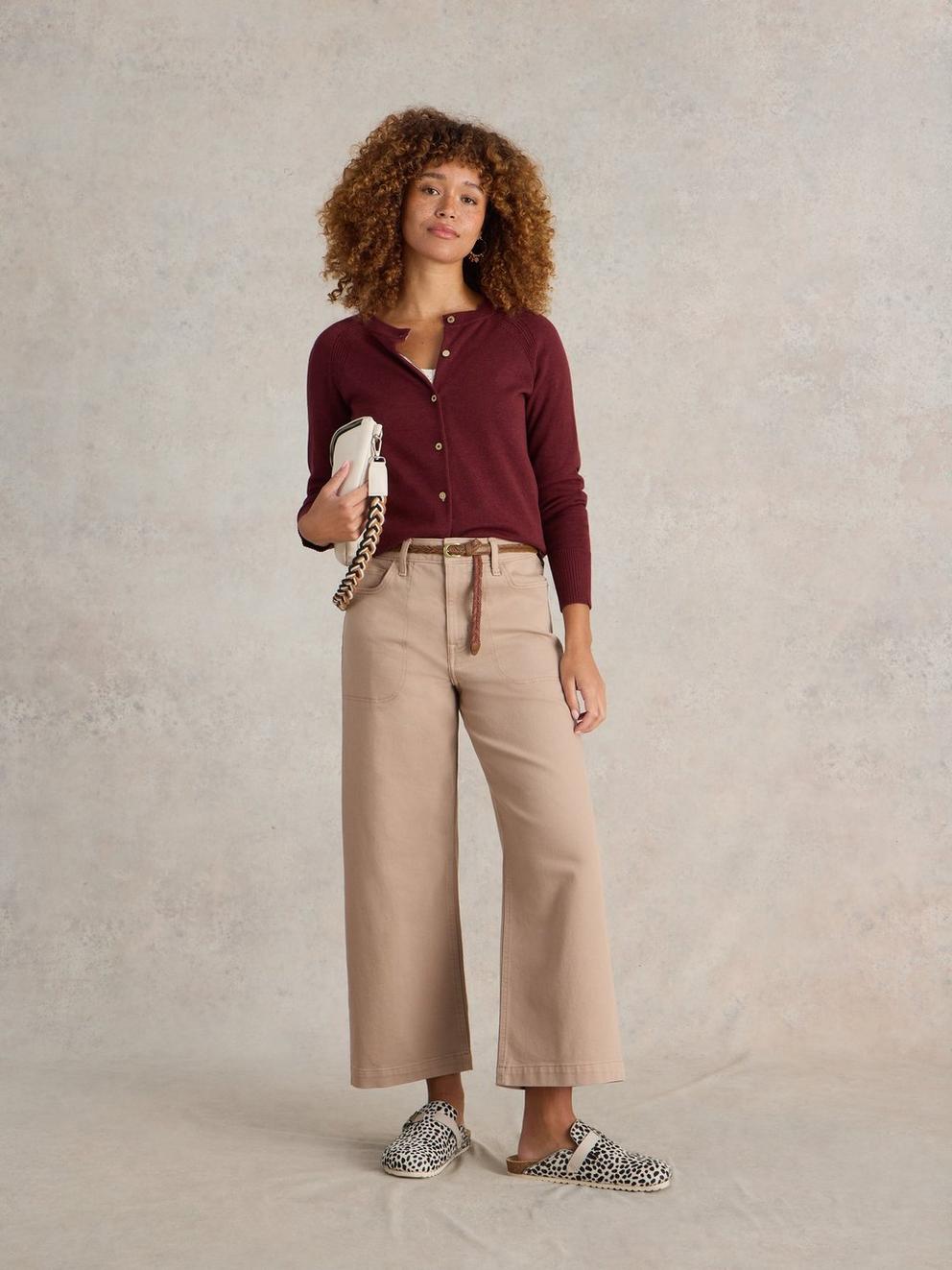 LULU LONG SLEEVE CREW NECK CARDI in DK PLUM - MODEL FRONT