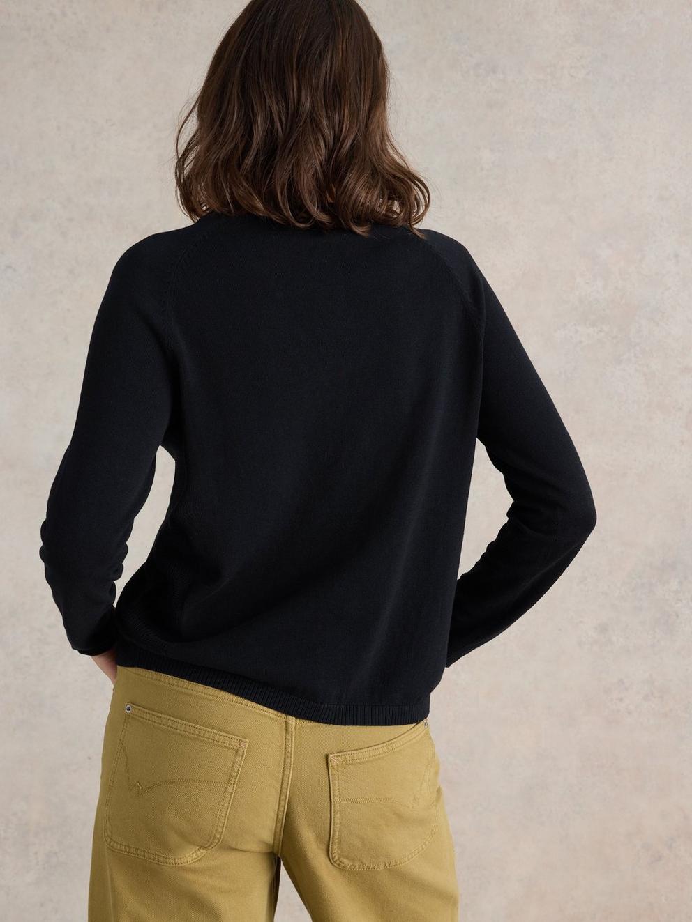 LUNA V NECK CARDI in PURE BLK - MODEL BACK