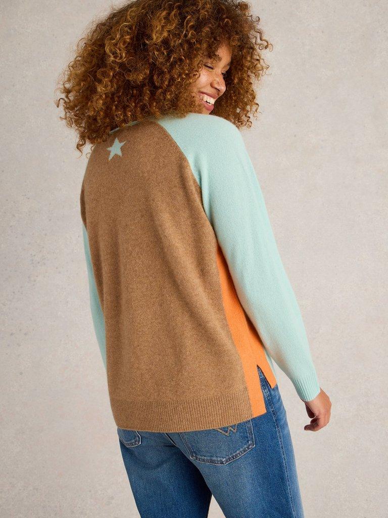 VERITY V NECK CASHMERE JUMPER in BLUE MLT - MODEL BACK