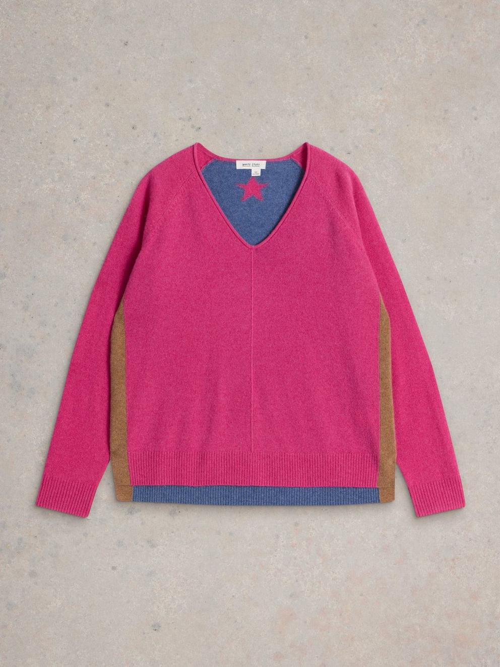 VERITY V NECK CASHMERE JUMPER in PINK MLT - FLAT FRONT