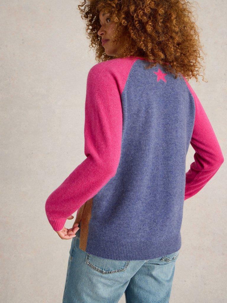 VERITY V NECK CASHMERE JUMPER in PINK MLT - MODEL BACK