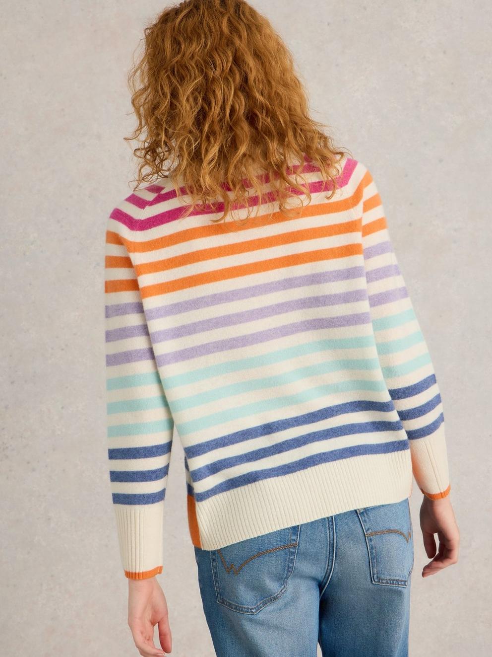 RAINBOW STRIPE CREW CASHMERE JUMPER in NAT MLT - MODEL BACK