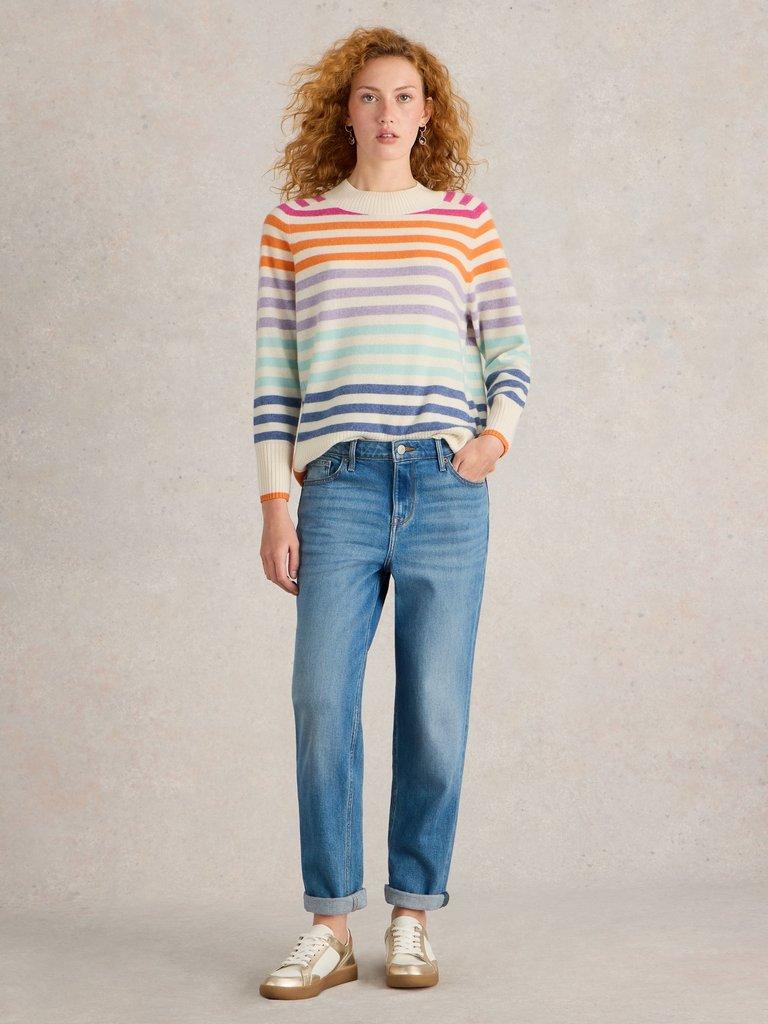 RAINBOW STRIPE CREW CASHMERE JUMPER in NAT MLT - MODEL FRONT