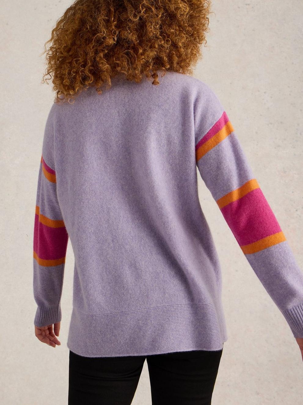 HOLLY STRIPE CASHMERE JUMPER in PURPLE MLT - MODEL BACK