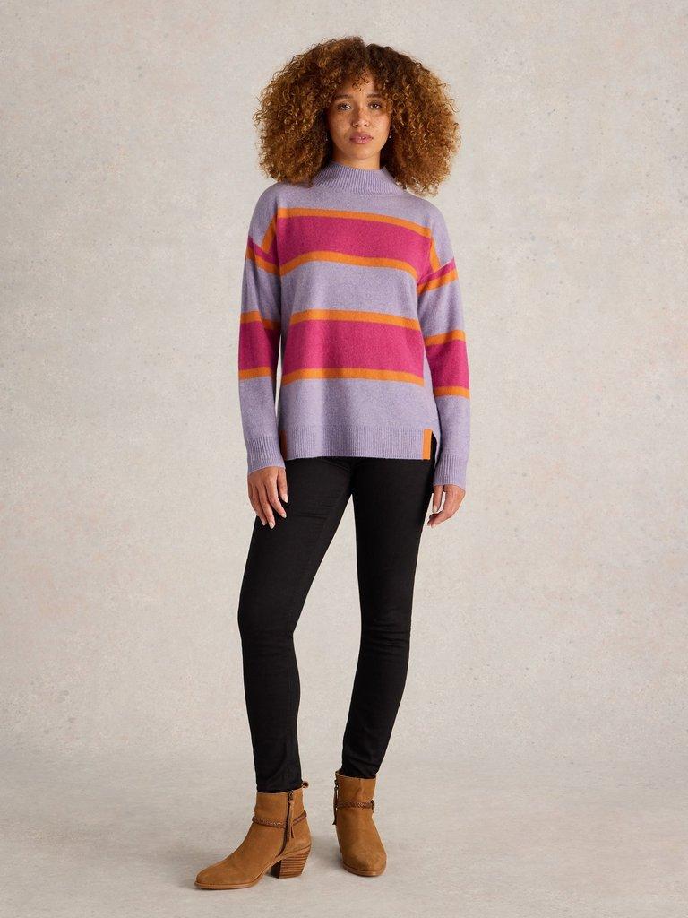 HOLLY STRIPE CASHMERE JUMPER in PURPLE MLT - MODEL FRONT
