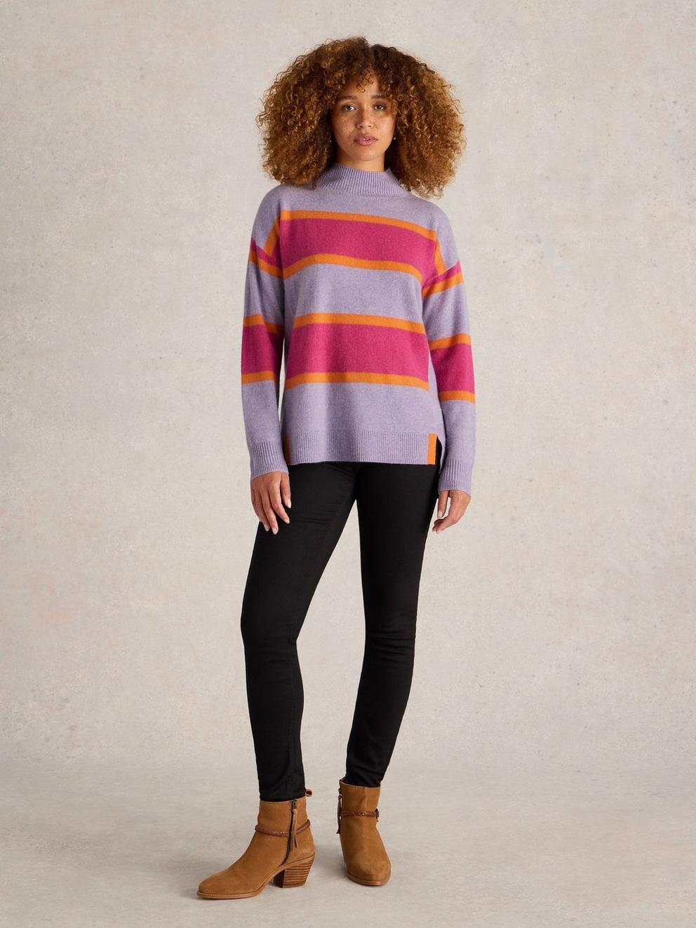 HOLLY STRIPE CASHMERE JUMPER in PURPLE MLT - MODEL FRONT
