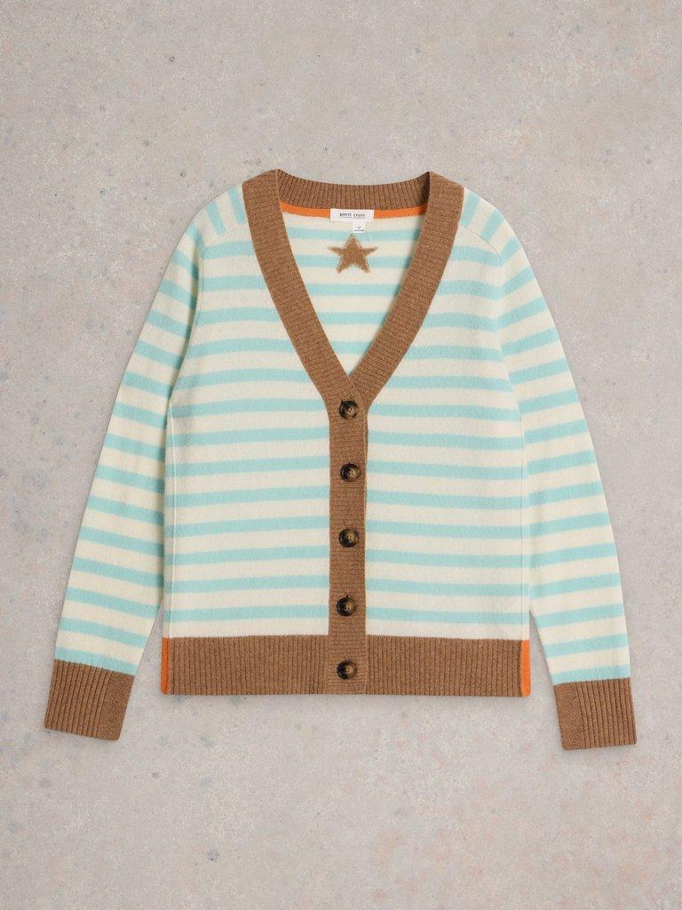 V NECK CASHMERE STRIPE CARDI in NAT MLT - FLAT FRONT