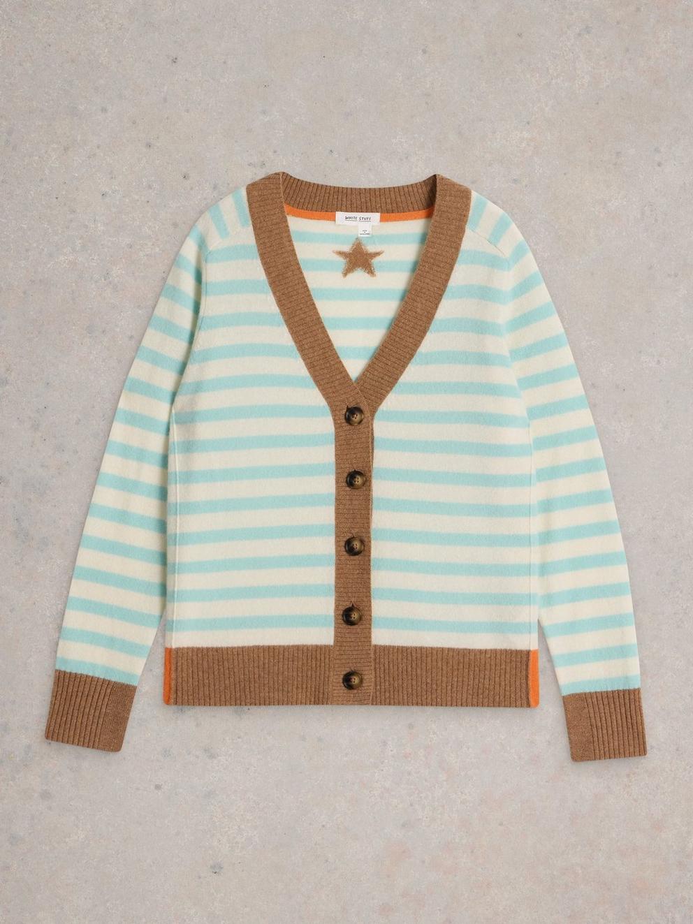 V NECK CASHMERE STRIPE CARDI in NAT MLT - FLAT FRONT