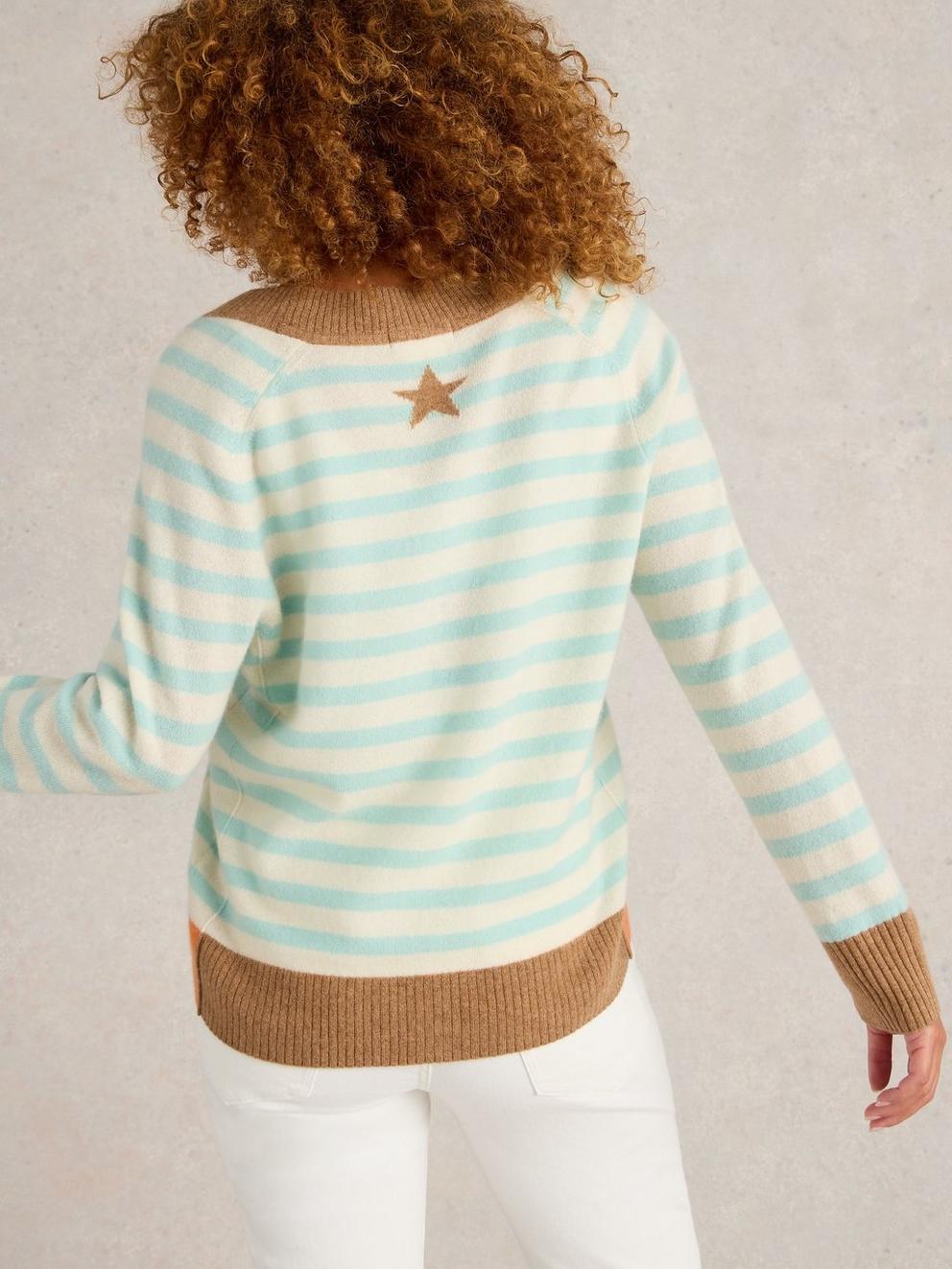 V NECK CASHMERE STRIPE CARDI in NAT MLT - MODEL BACK