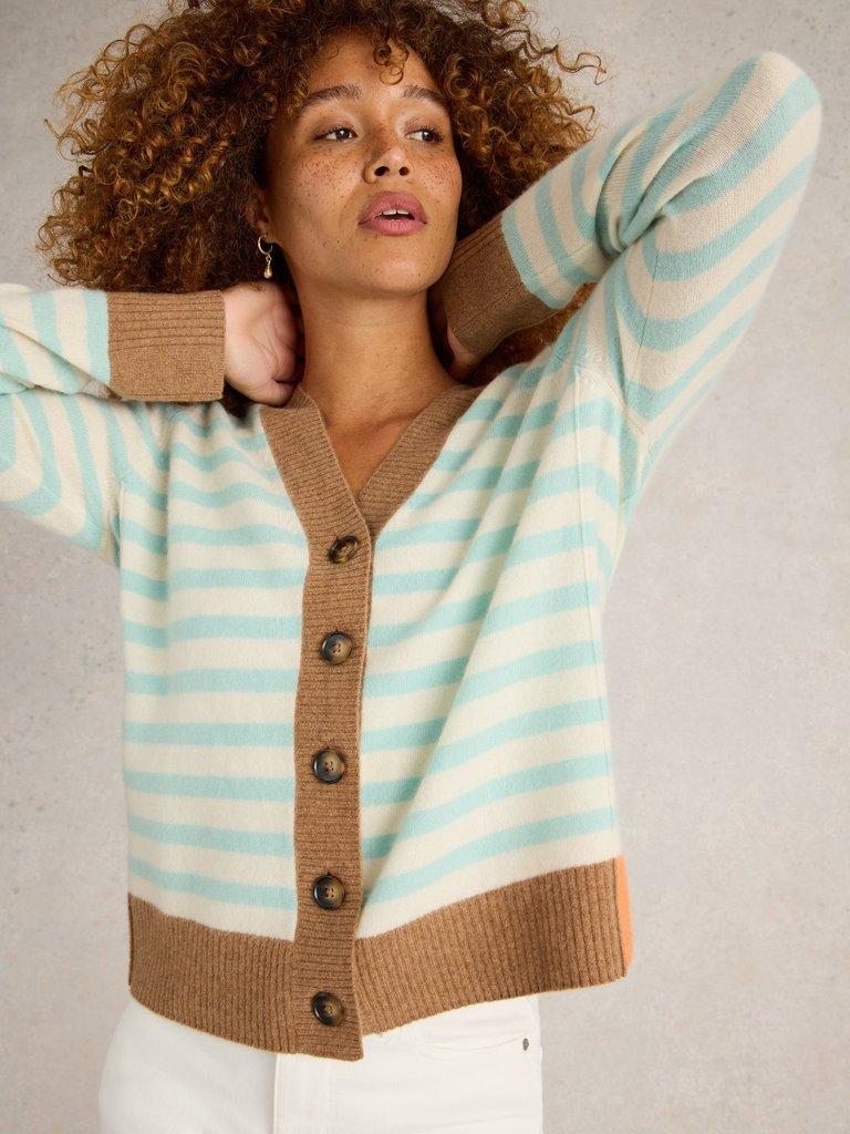 V NECK CASHMERE STRIPE CARDI in NAT MLT - MODEL DETAIL