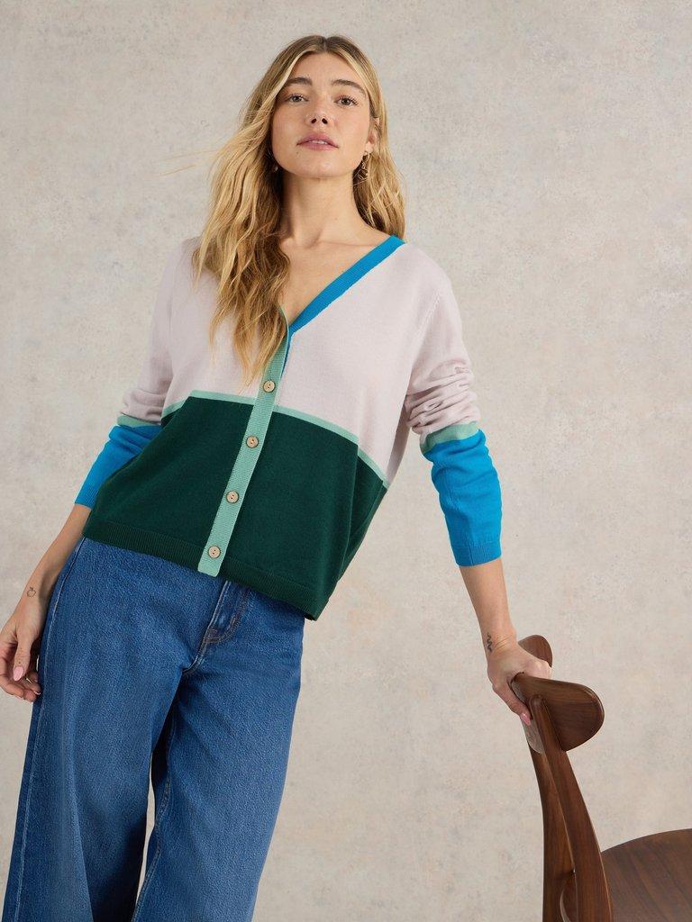 COLOUR BLOCK MERINO WOOL CARDI in NAT MLT - LIFESTYLE