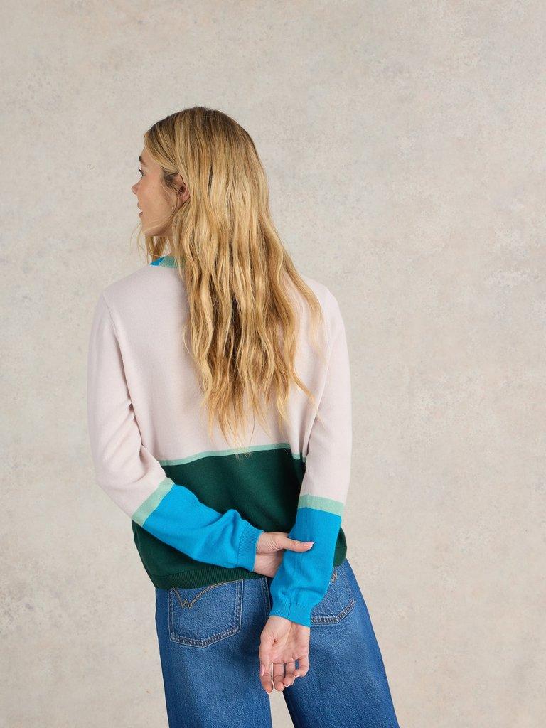 COLOUR BLOCK MERINO WOOL CARDI in NAT MLT - MODEL BACK