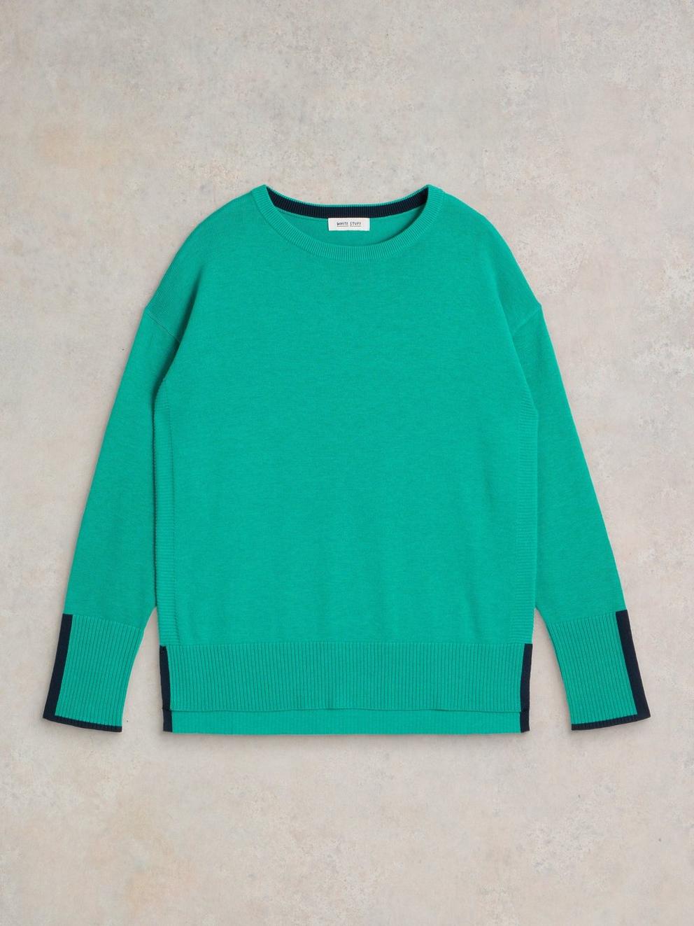 OLIVE CREW NECK COTTON JUMPER in BRT TEAL - FLAT FRONT