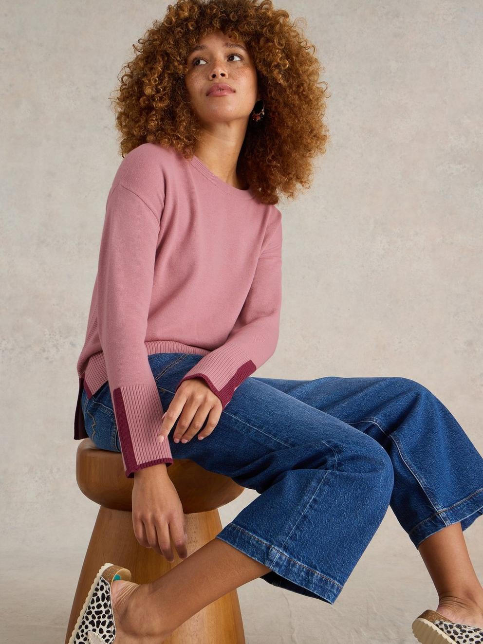 OLIVE CREW NECK COTTON JUMPER in DUS PINK - LIFESTYLE