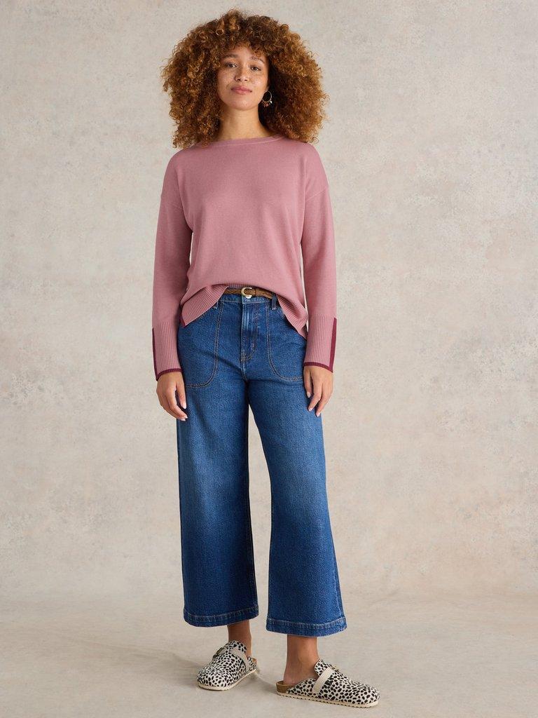 OLIVE CREW NECK COTTON JUMPER in DUS PINK - MODEL FRONT