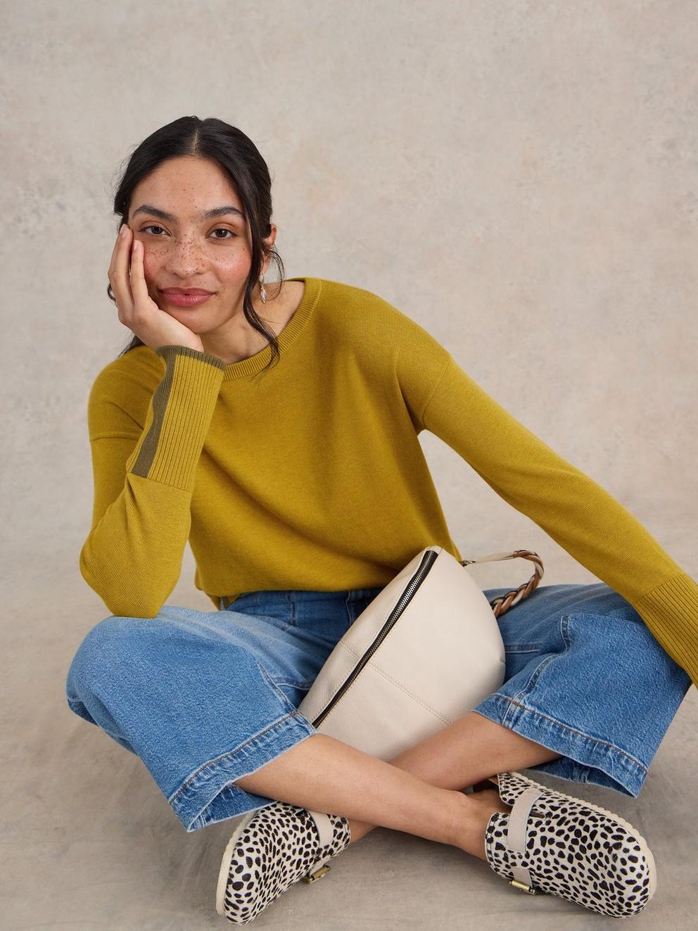 OLIVE CREW NECK COTTON JUMPER in MID CHART - LIFESTYLE