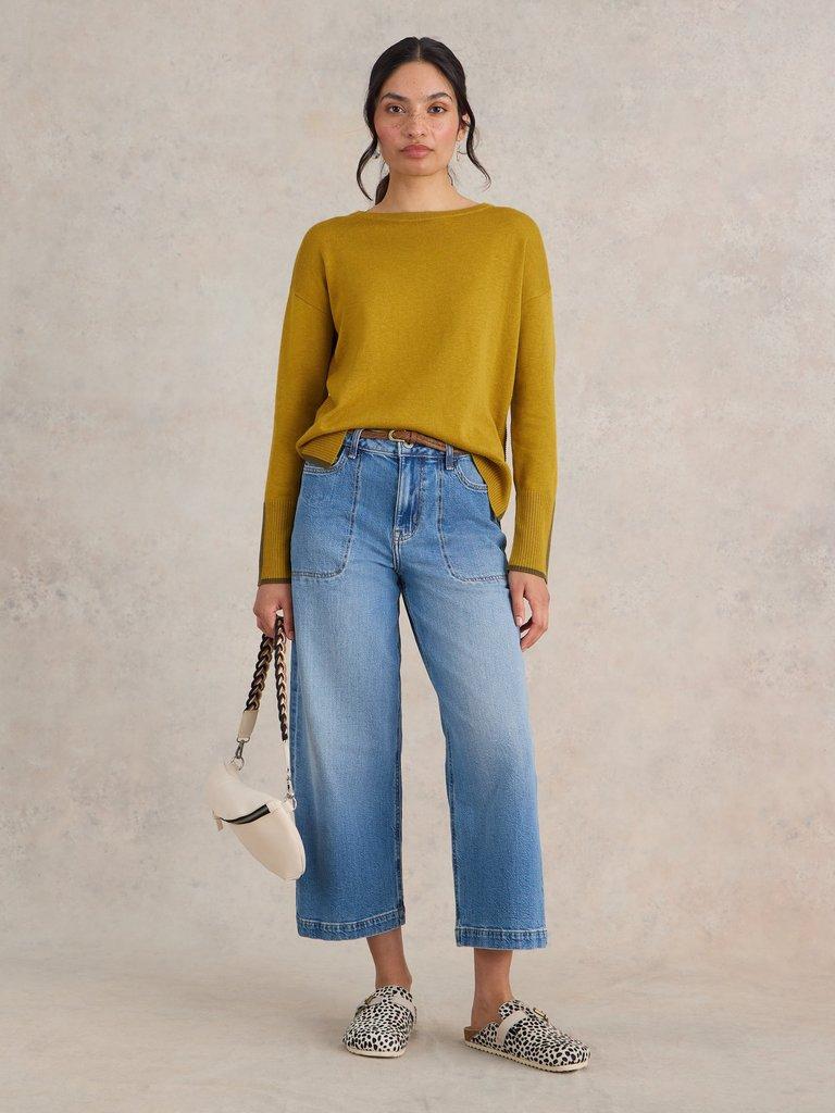 OLIVE CREW NECK COTTON JUMPER in MID CHART - MODEL FRONT