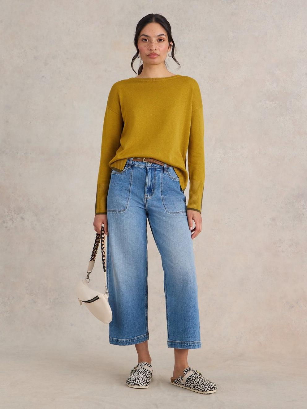 OLIVE CREW NECK COTTON JUMPER in MID CHART - MODEL FRONT