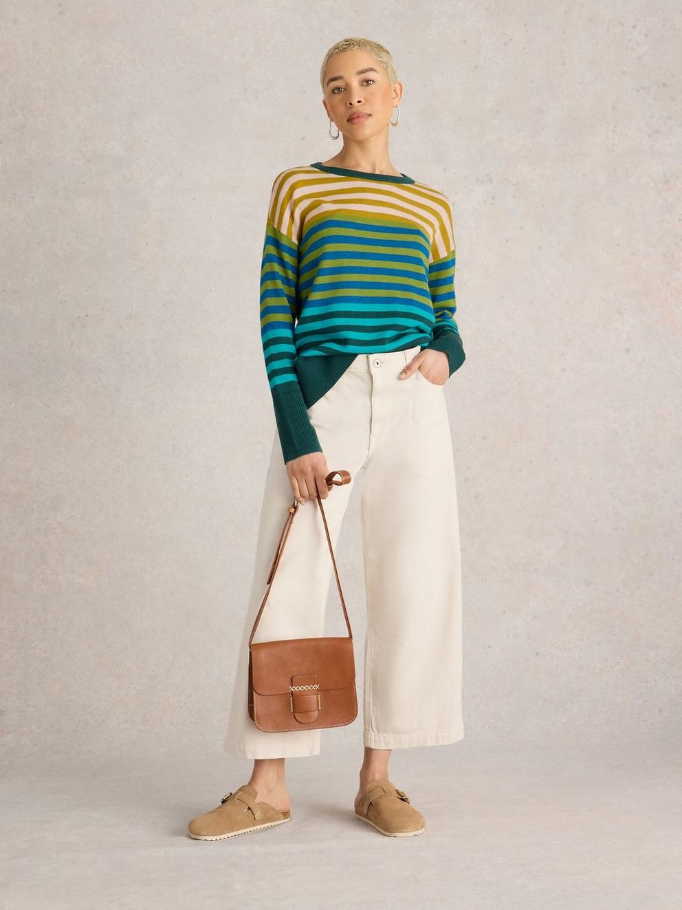 OLIVE STRIPED JUMPER in GREEN MLT - MODEL FRONT