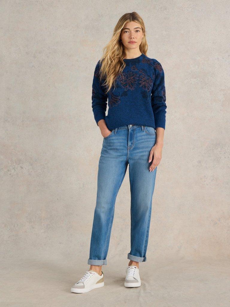 JULIE EMBORDIERED JUMPER in MID BLUE - MODEL FRONT