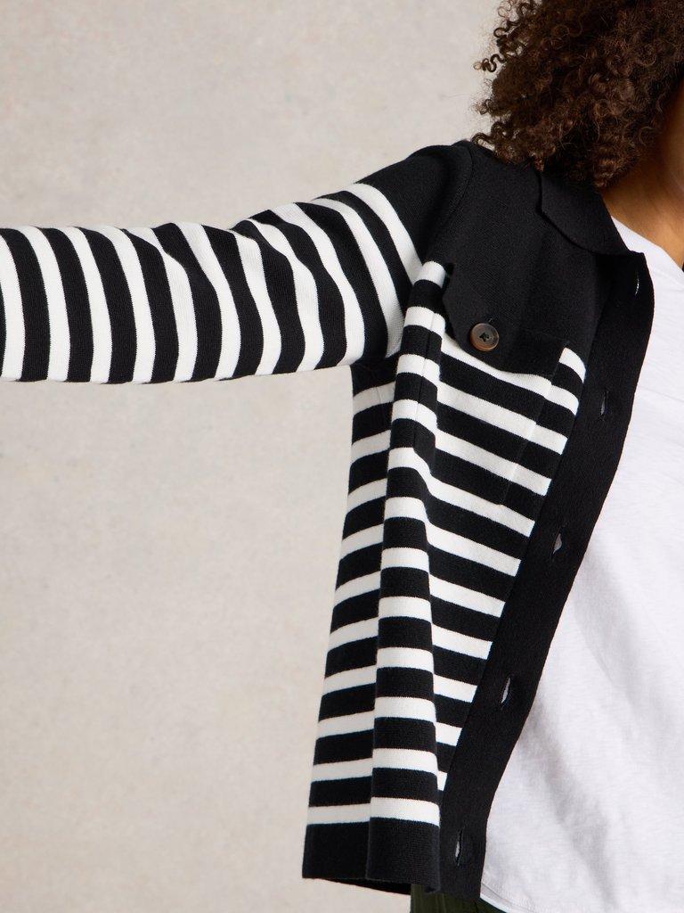 SARA STRIPE WOOL KNITTED SHACKET in BLK MLT - MODEL DETAIL