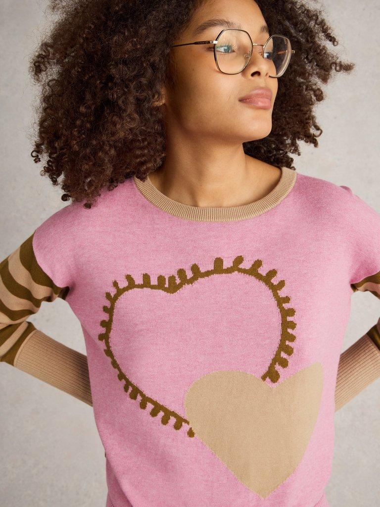 OLIVE HEART LONG SLEEVE JUMPER in PINK MLT - MODEL DETAIL