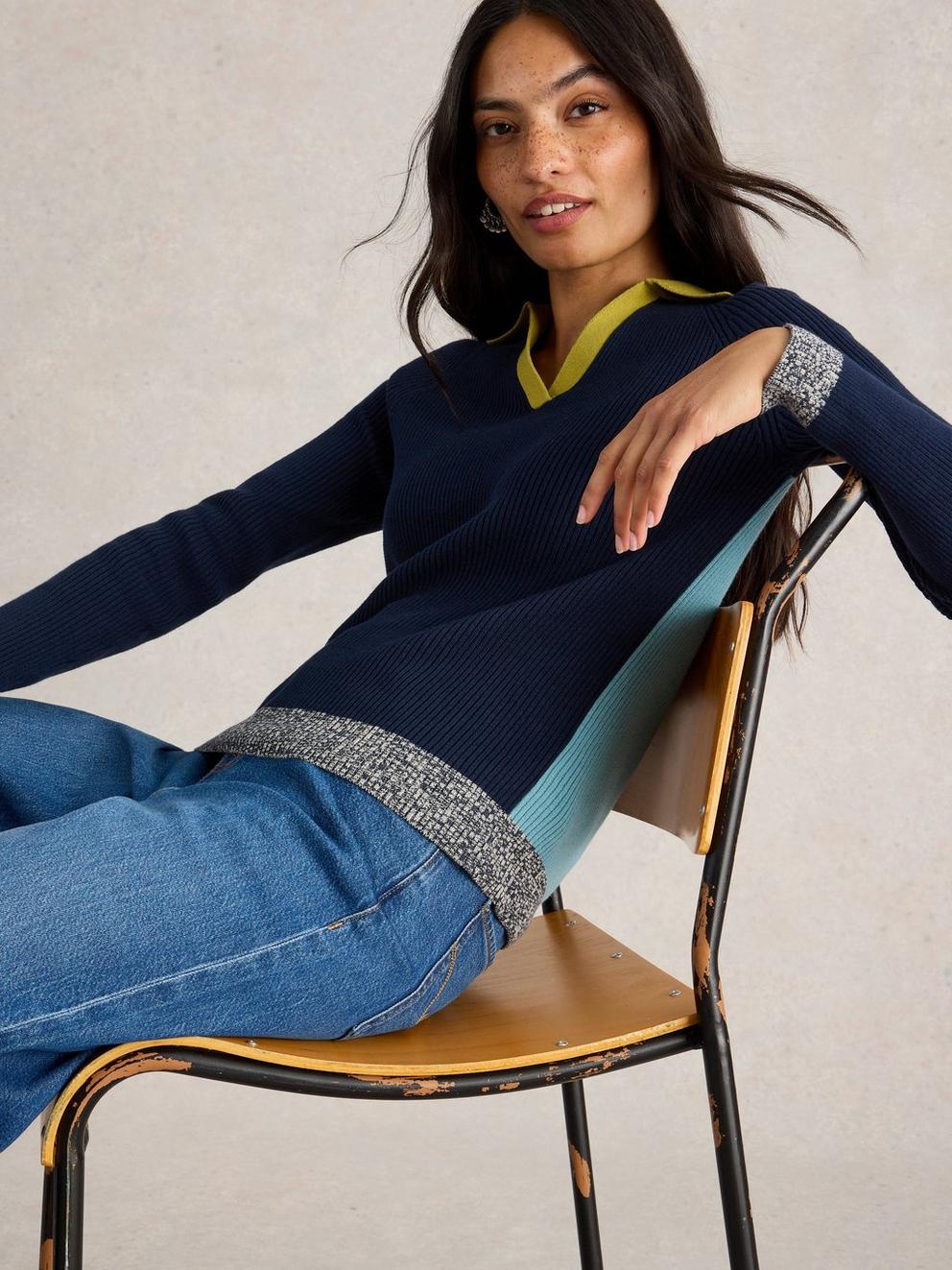 RIB COLLAR JUMPER in NAVY MULTI - LIFESTYLE