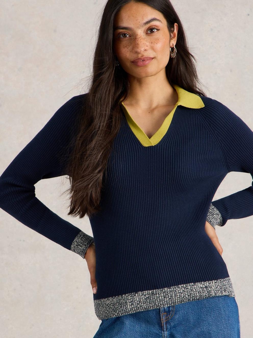 RIB COLLAR JUMPER in NAVY MULTI - MODEL DETAIL