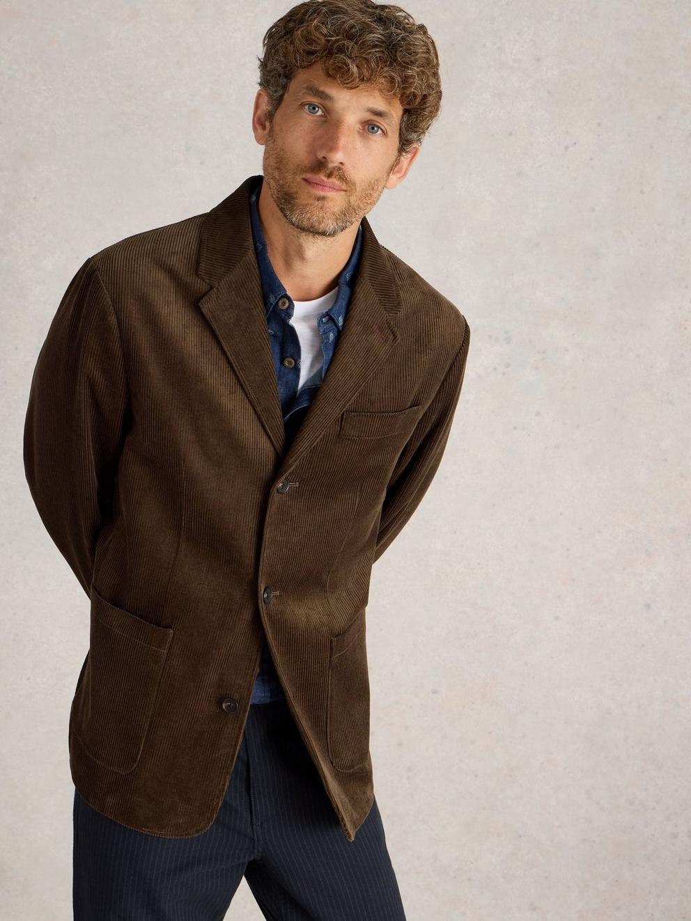 Kirkby Cord Blazer in DK BROWN - MODEL DETAIL