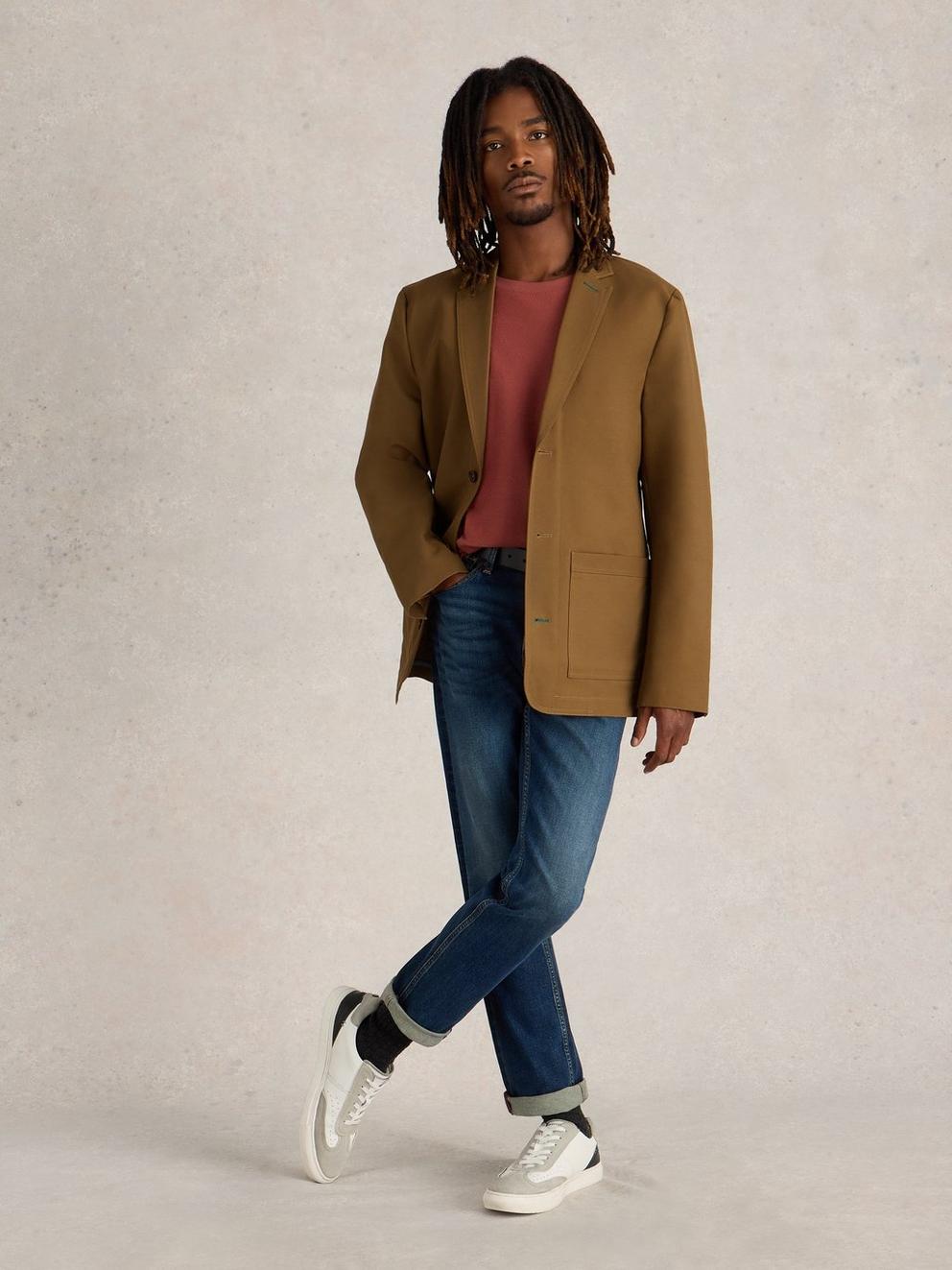 Chiltern Cotton Blazer in MID TAN - MODEL FRONT