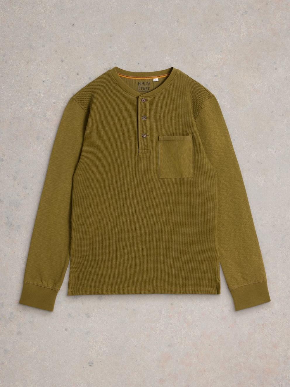 Andover LS Henley in KHAKI GRN - FLAT FRONT