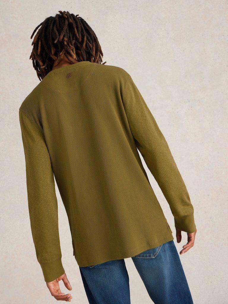 Andover LS Henley in KHAKI GRN - MODEL BACK