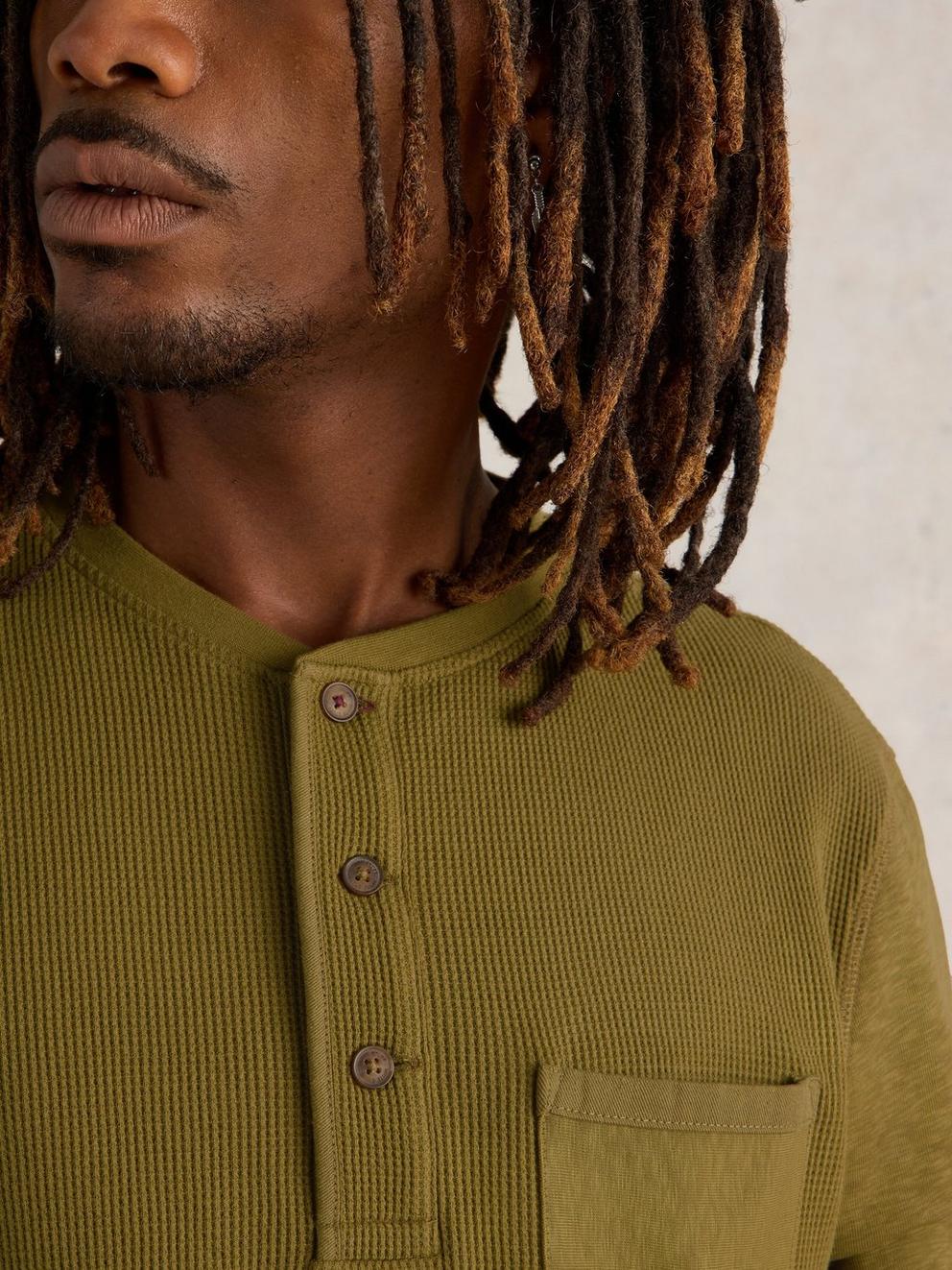 Andover LS Henley in KHAKI GRN - MODEL DETAIL