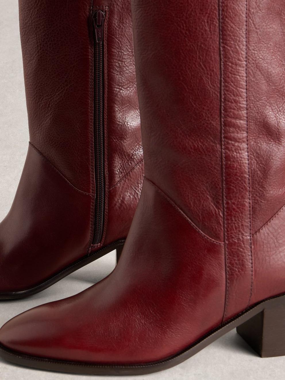 Izzy Leather Knee High Boot in DK RED - FLAT DETAIL