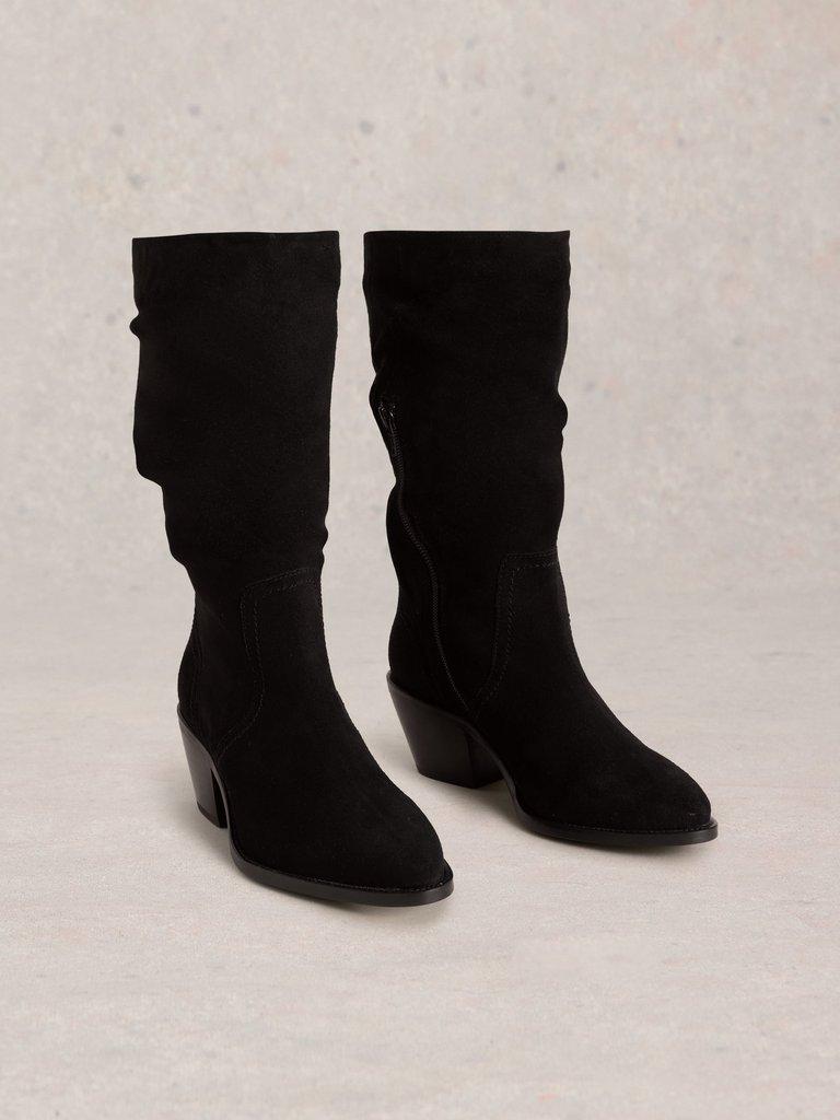 Azalea Mid Slouch Suede Boot in PURE BLK - FLAT FRONT