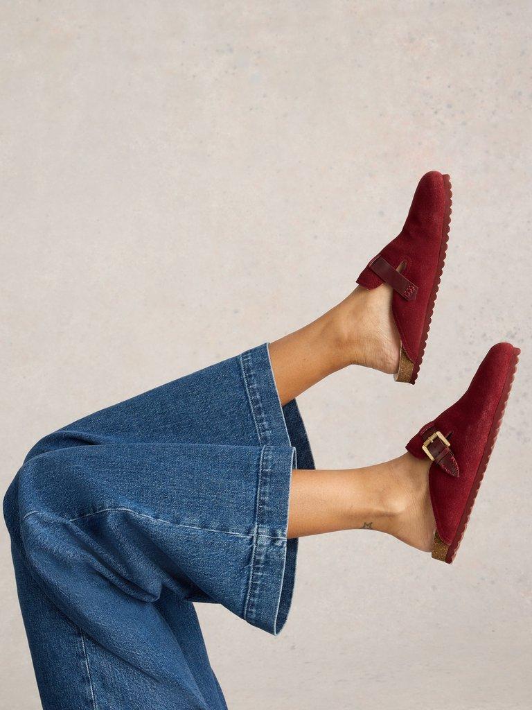 Myrtle Slip On Suede Mule in DEEP RED - MODEL FRONT