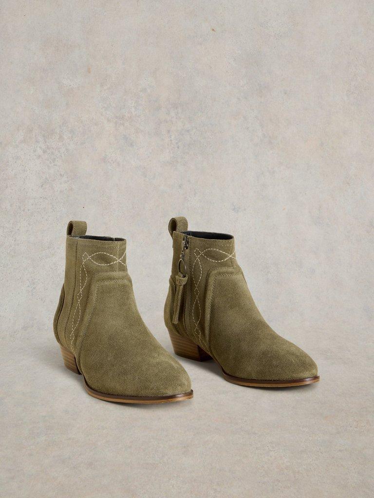 Cedar Embroidered Ankle Boot in KHAKI GRN - FLAT FRONT