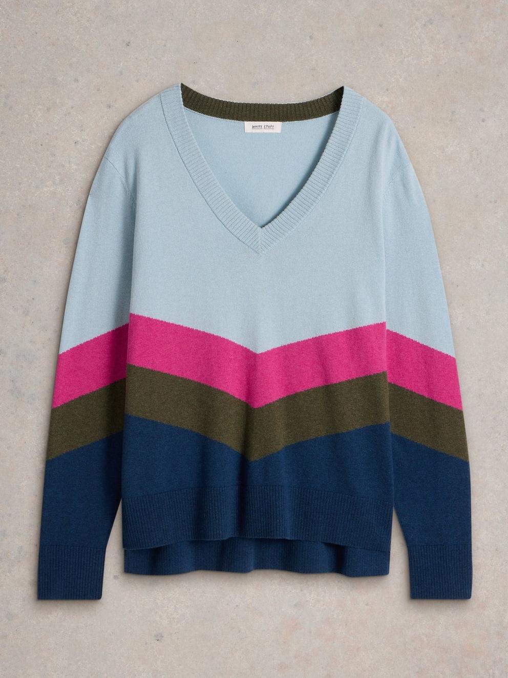 MAGGIE V NECK JUMPER in BLUE MLT - FLAT FRONT