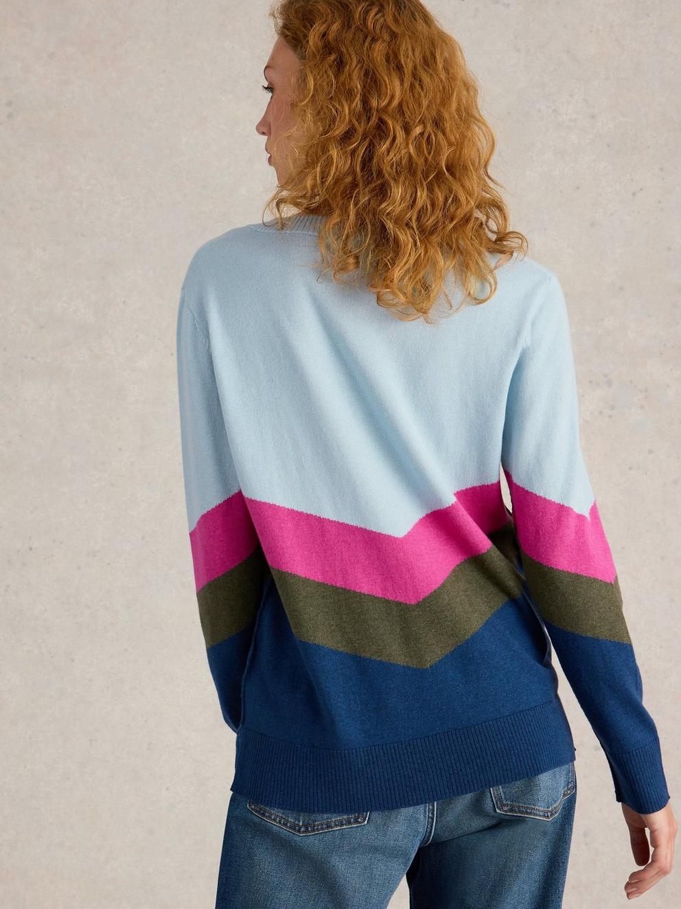 MAGGIE V NECK JUMPER in BLUE MLT - MODEL BACK