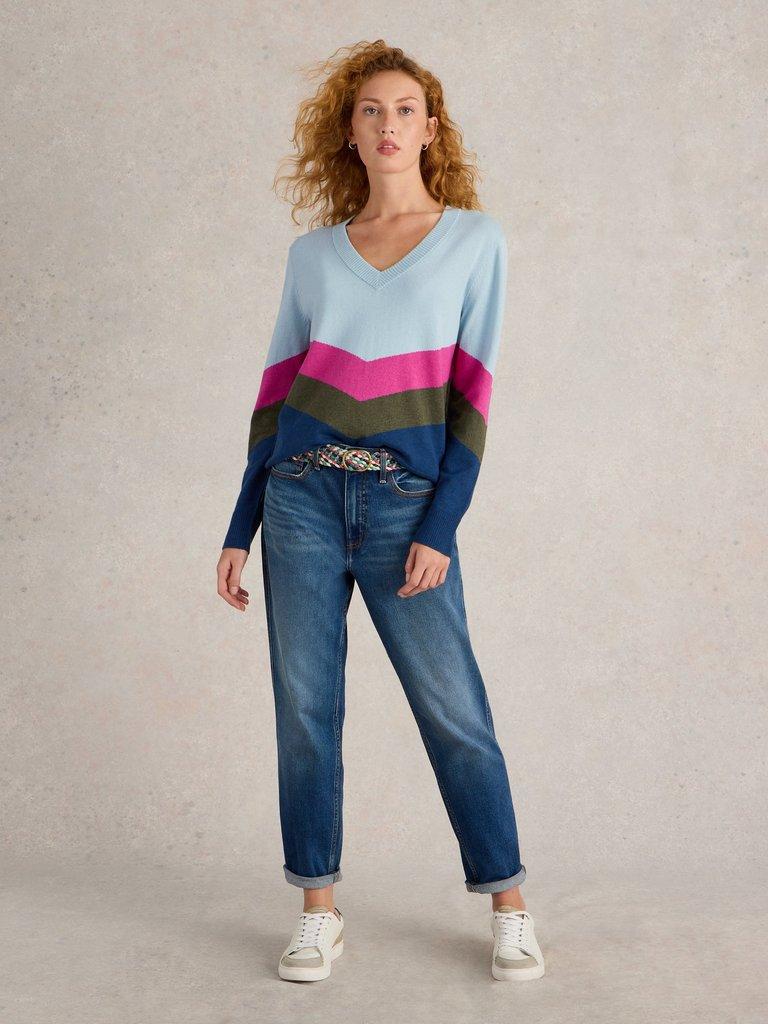 MAGGIE V NECK JUMPER in BLUE MLT - MODEL FRONT
