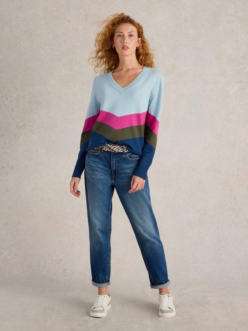 MAGGIE V NECK JUMPER in BLUE MLT - MODEL FRONT