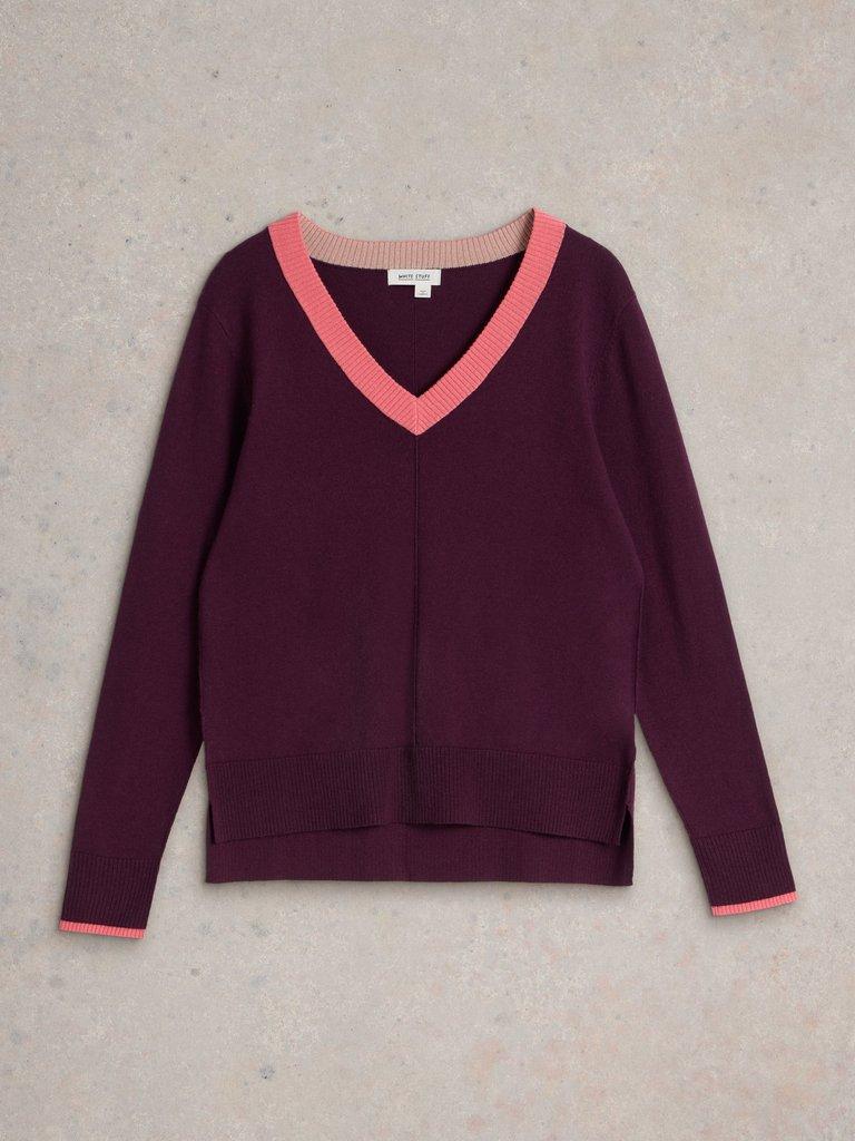 MAGGIE V NECK JUMPER in DK PLUM - FLAT FRONT