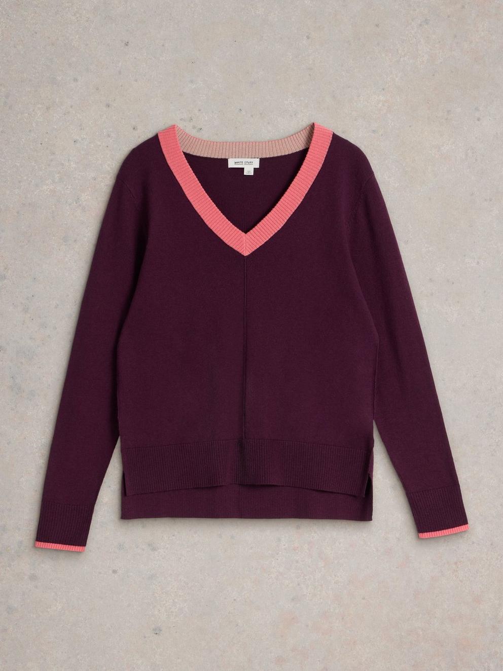 MAGGIE V NECK JUMPER in DK PLUM - FLAT FRONT