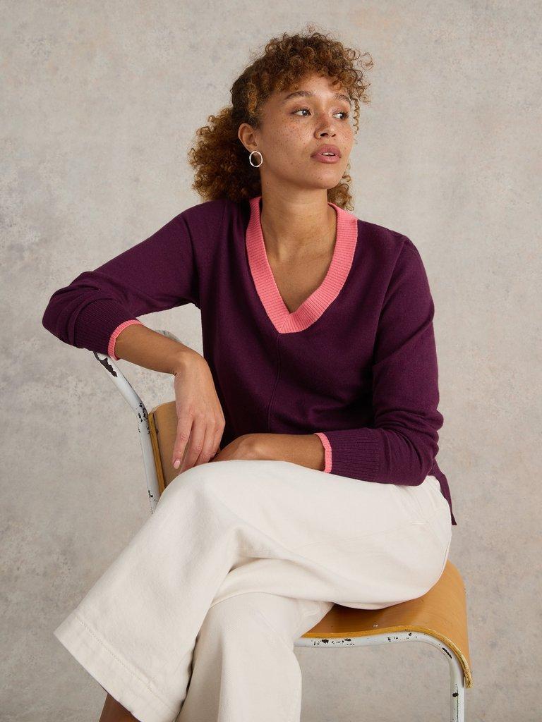 MAGGIE V NECK JUMPER in DK PLUM - LIFESTYLE