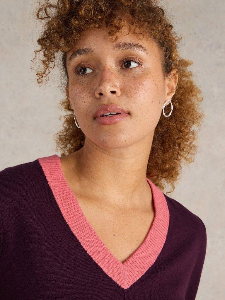 MAGGIE V NECK JUMPER in DK PLUM - MODEL DETAIL