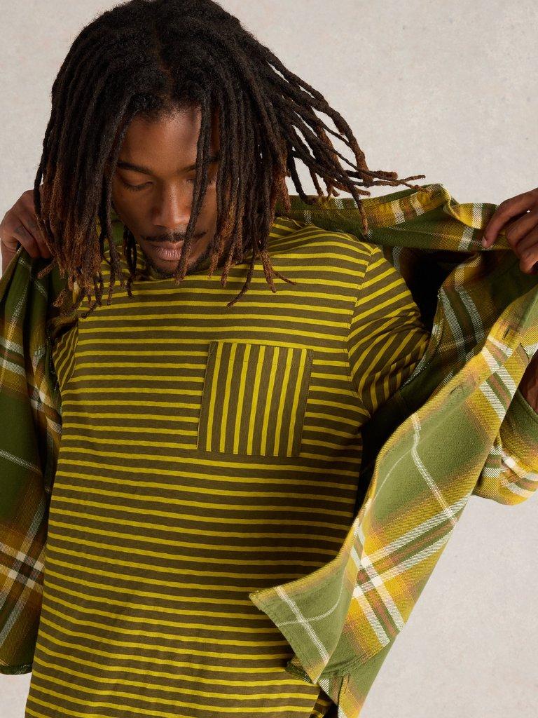 Abersoch Stripe Crew Neck Tee in GREEN MLT - MODEL DETAIL