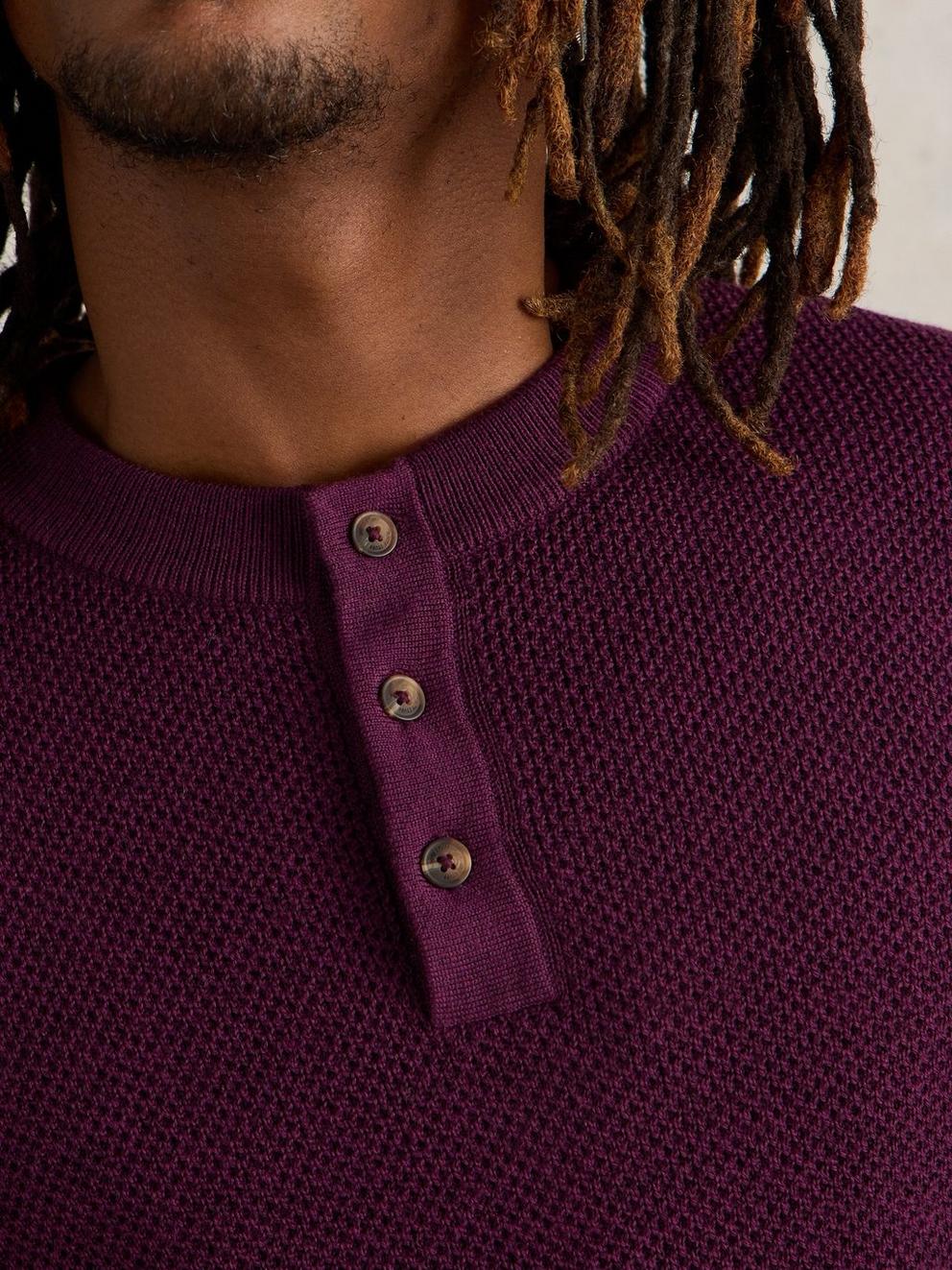 Newport Merino Wool Henley in DK PLUM - MODEL DETAIL