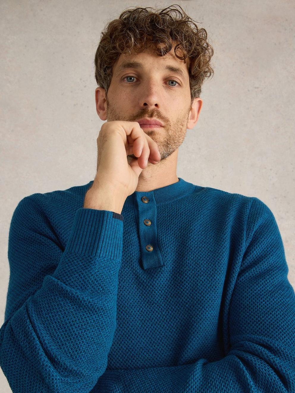 Newport Merino Wool Henley in MID TEAL - MODEL DETAIL