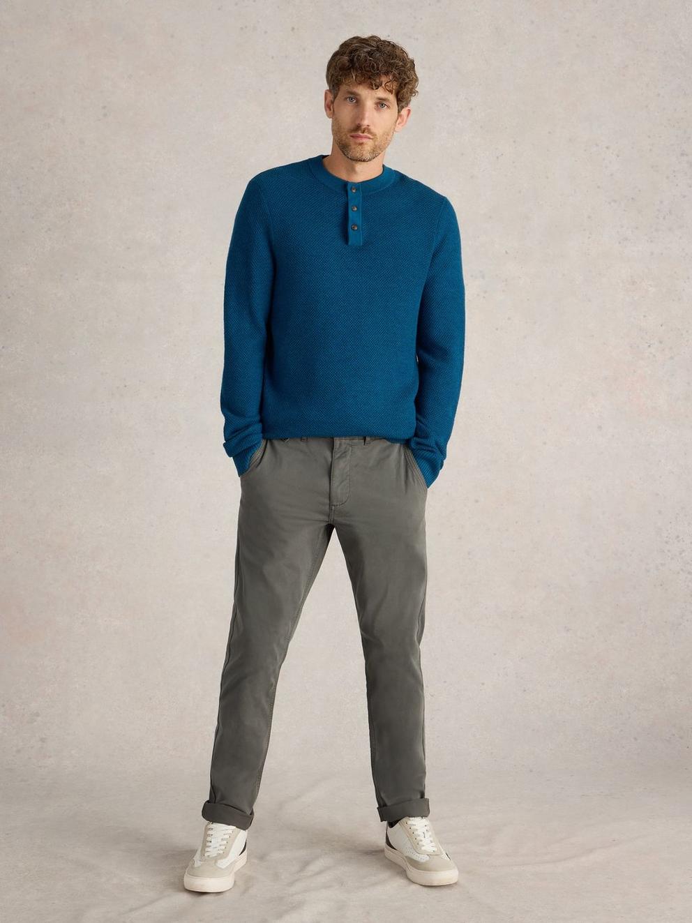 Newport Merino Wool Henley in MID TEAL - MODEL FRONT