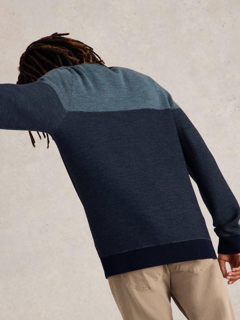 Newport Wool Merino Jacquard Crew in BLUE MLT - MODEL BACK